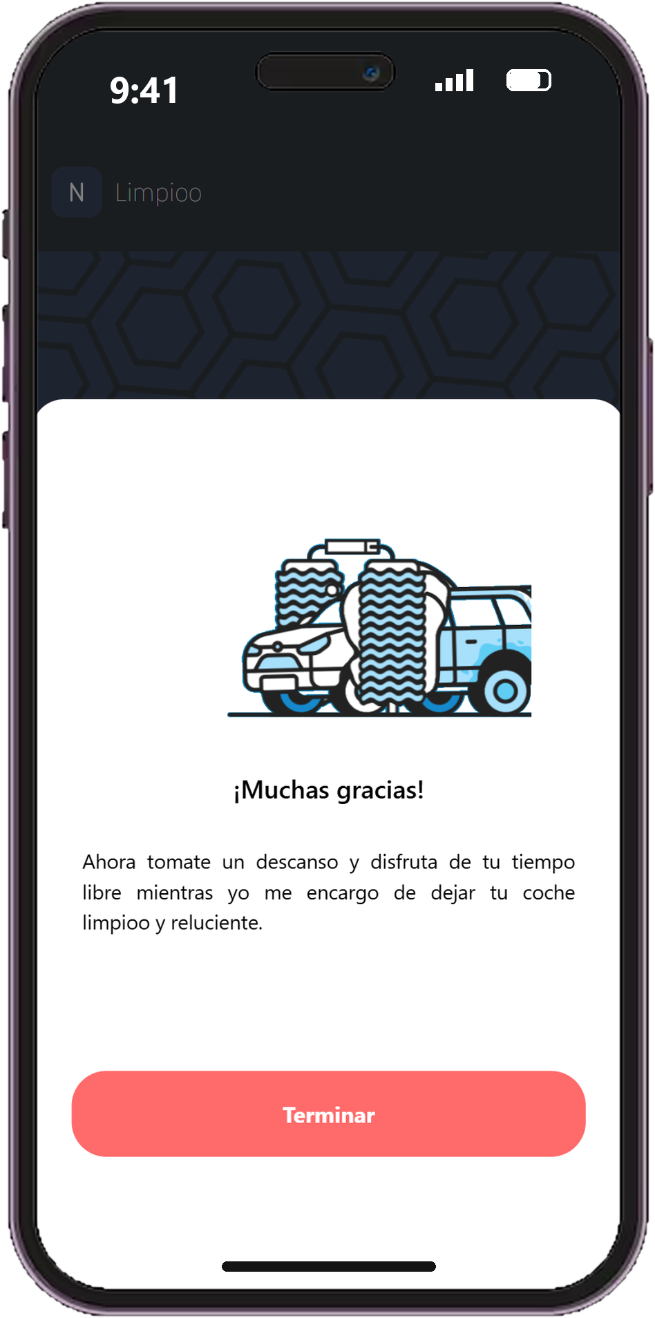 App Limpioo con el lavado en marcha